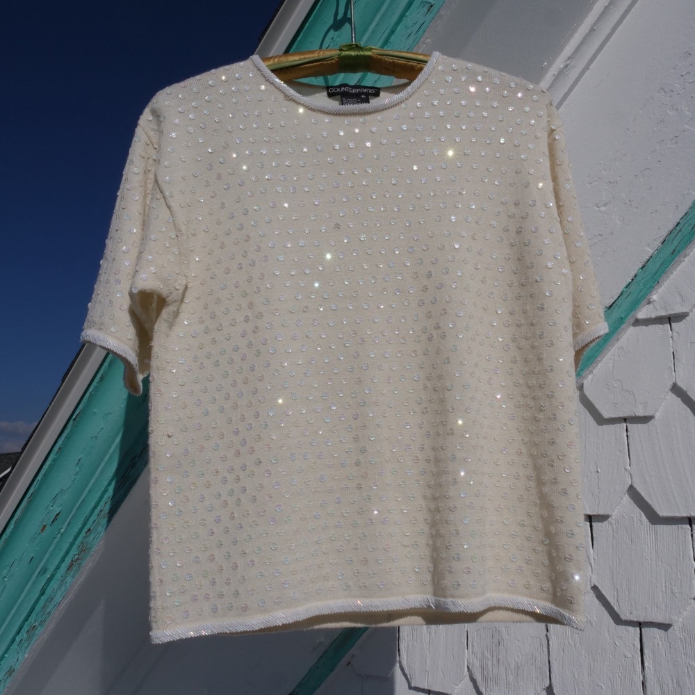 90s cream colored wool blend sweater with iridescent sequins